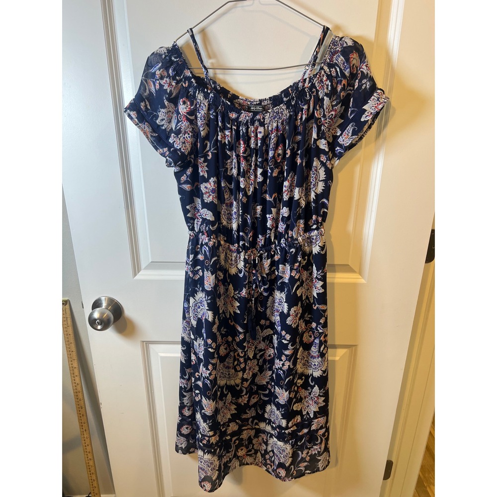 Lucky Brand Womens Dress Floral Paisley Cold‎ Shoulder Navy Blue Size M